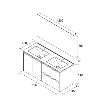 Mueble de baño NOJA 2 puertas y 2 cajones + Lavabo + Espejo