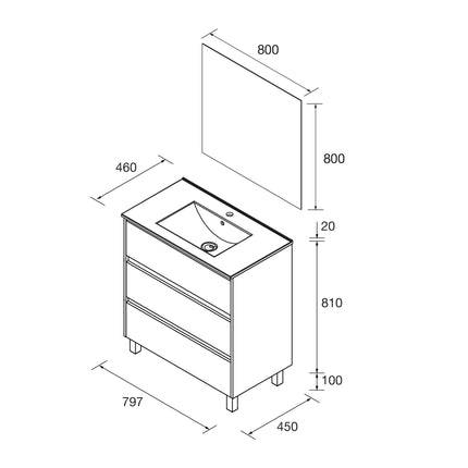 Mueble de baño NOJA 3 cajones + Lavabo + Espejo