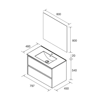 Mueble de baño NOJA 2 cajones + Lavabo + Espejo